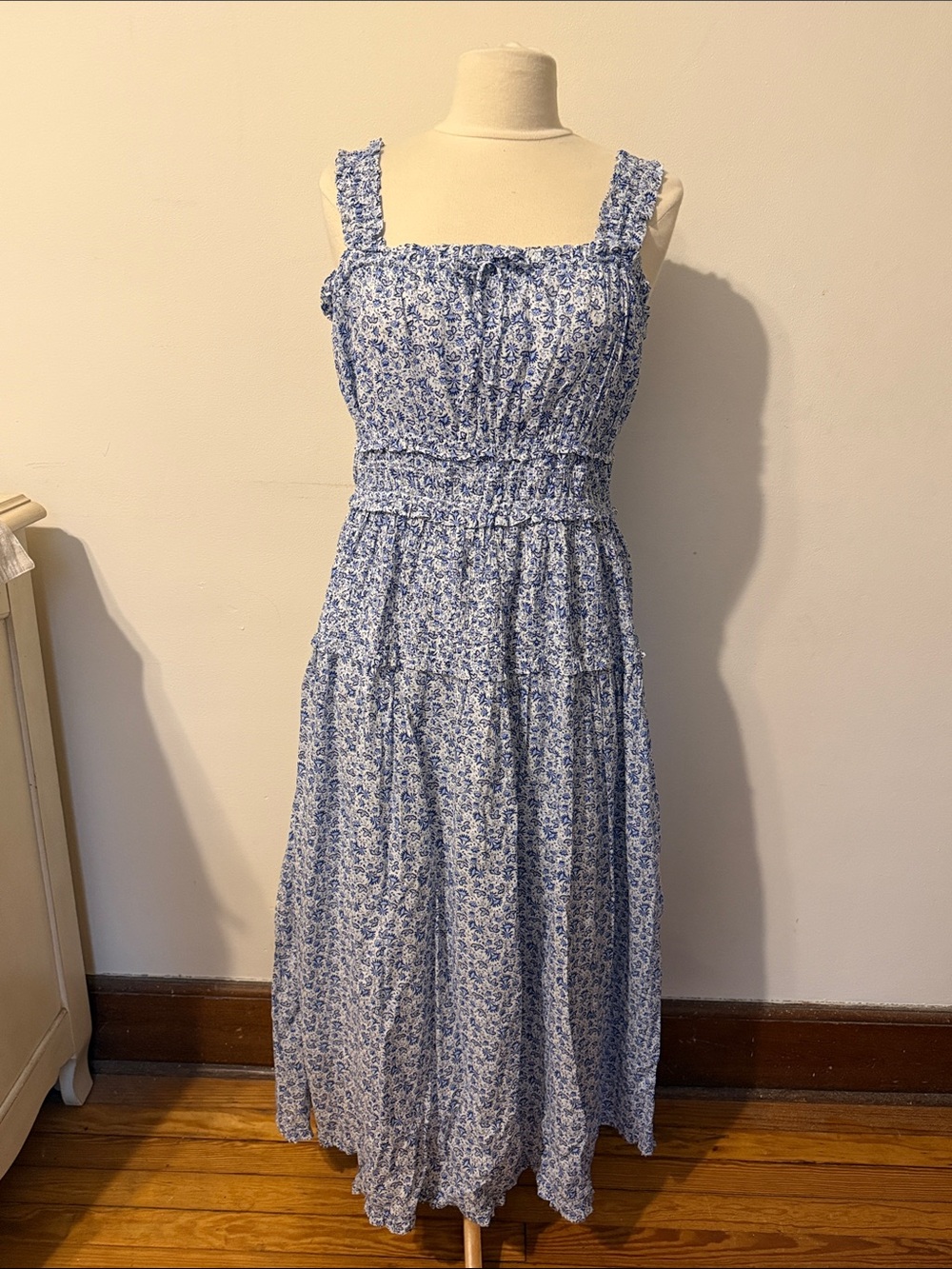 Blue Floral Smocked Maxi Dress with Ruffle Straps